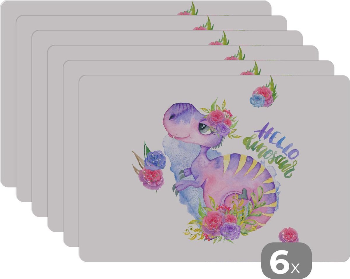 Placemat - Placemats kunststof - Dinosaurus - Kinderkamer - Waterverf - Meisjes - Kinderen - Roze - 45x30 cm - 6 stuks - Hittebestendig - Anti-Slip - Onderlegger - Afneembaar
