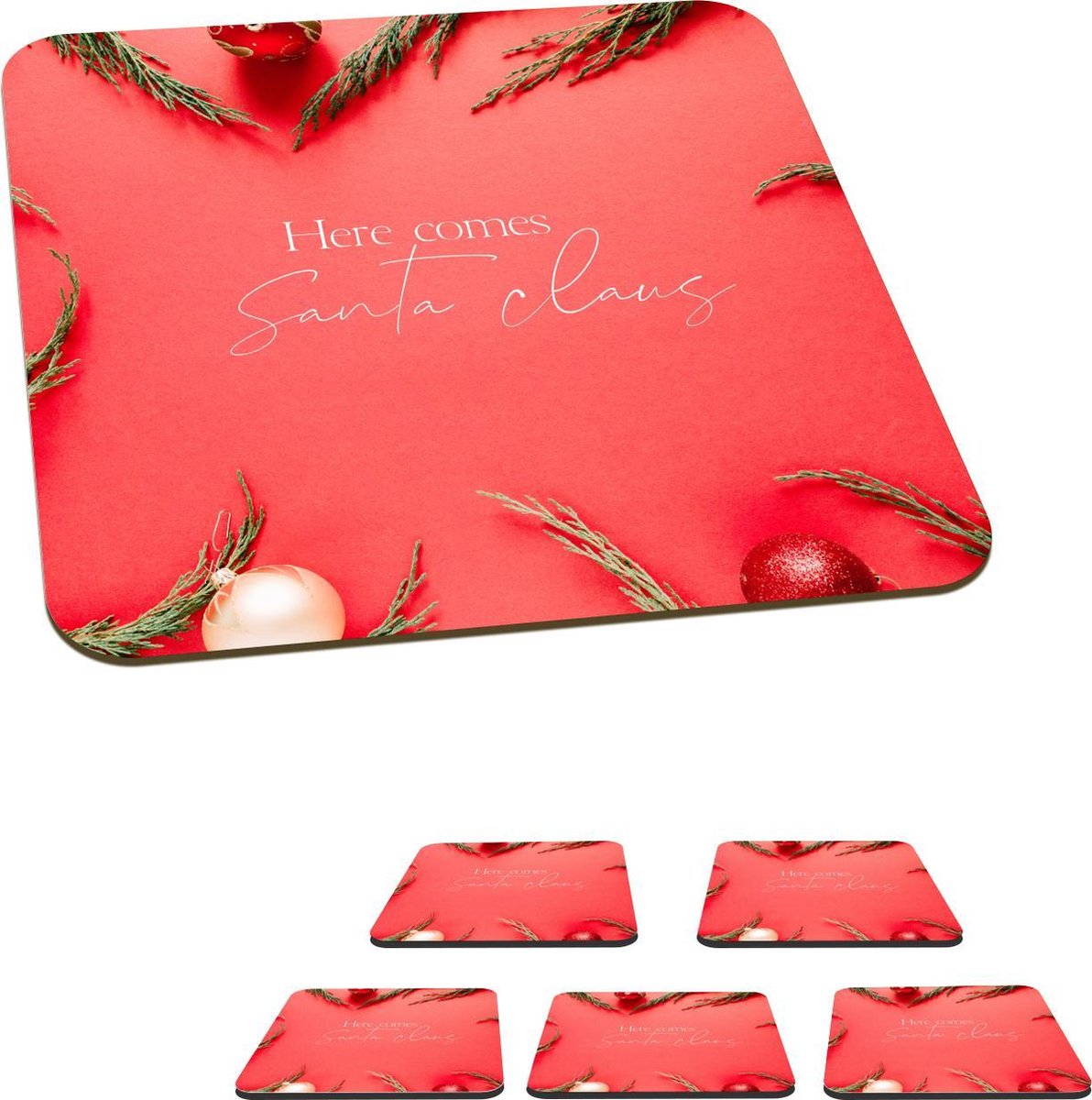 Onderzetters voor glazen - Kerst - Rood - Quote - 10x10 cm - Glasonderzetters - 6 stuks