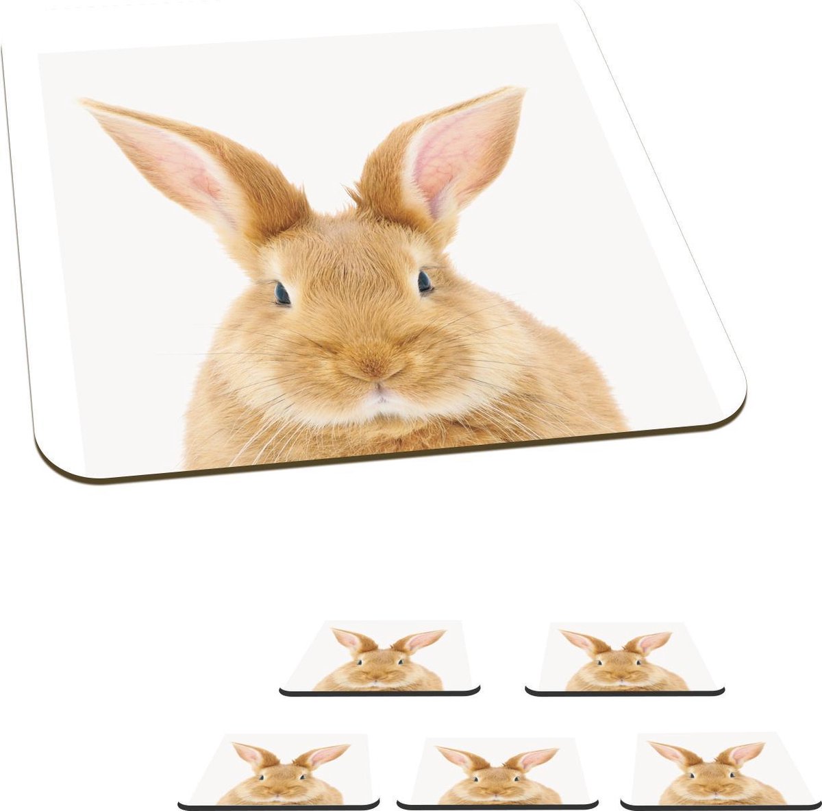 Onderzetters voor glazen - Dieren - Konijn - Wit - 10x10 cm - Glasonderzetters - 6 stuks