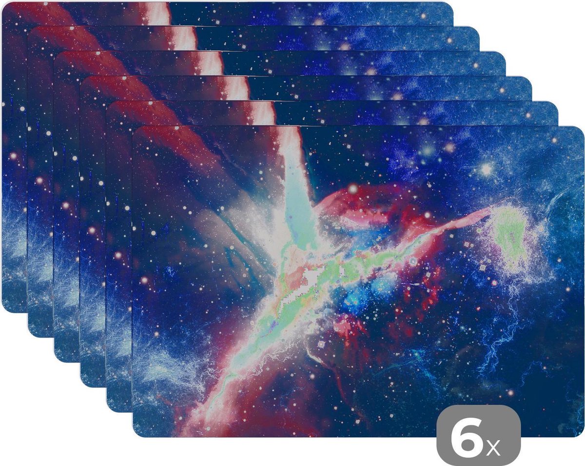 Placemat kinderen - Placemat - Placemats kunststof - Ruimte - Licht - Blauw - 45x30 cm - 6 stuks - Hittebestendig - Anti-Slip - Onderlegger - Afneembaar
