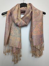 Lange dames sjaal omslagdoek Frederique paisleyprint roze lichtbruin