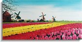 Schilderij Nederlandse molens en tulpen 100 x 50 Artello - handgeschilderd schilderij met signatuur - 700+ collectie Artello schilderijenkunst