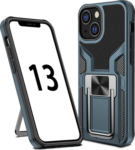 Hoesje Geschikt voor iPhone 13 Pro – Schokbestendig Ultra Slim Soft TPU Cover met kicktand Ringhouder – Cyan