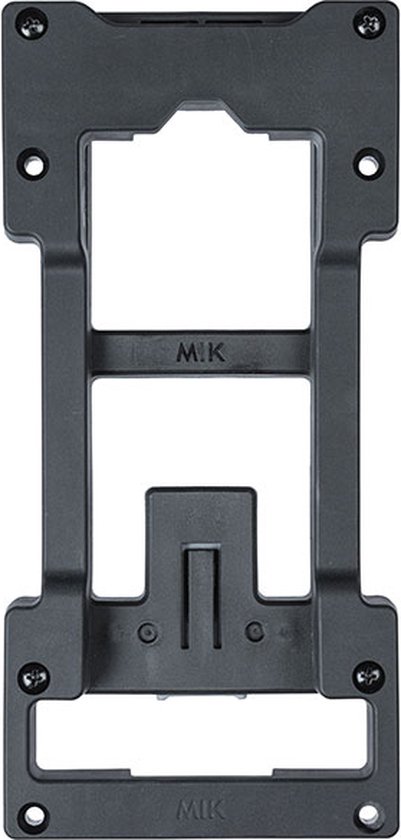 Zwarte Basil MIK adapterplaat met vier schroeven en MIK logo onderaan.