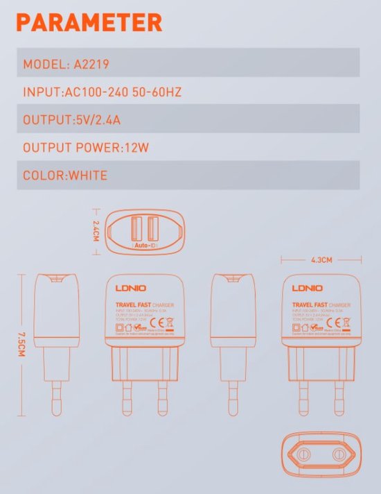 LDNIO A2219 2.4A Deux USB EU Plug Chargeur Mural Rapide USB-C Pour Téléphone Mobile Samsung Huawei P30 P40 Pro MI10 Mi10 Note 9 S20 S21