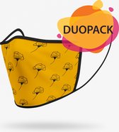 Duopack: Geel botanical mond masker wasbaar - S (kinderen tot 8 jaar) / Stoffen mondkapjes met print / Wasbare Mondkapjes / Mondkapjes / Uitwasbaar / Herbruikbare Mondkapjes / Herbruikbaar / 