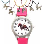 Horloge-Paard-Midden Roze-Leer-Ketting met paard hanger-Extra Batterij-Charme Bijoux