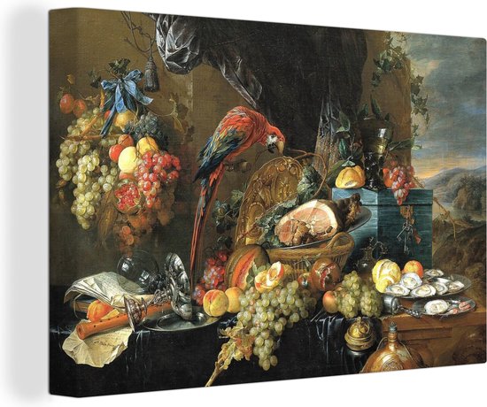 Canvas Schilderij Een rijk gedekte tafel met papegaaien - schilderij van Jan Davidsz de Heem - 120x80 cm - Wanddecoratie