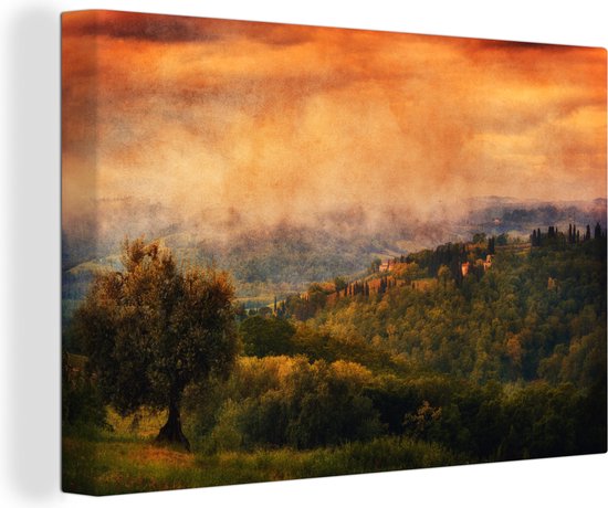 Canvas Schilderij San Gimignano in de mist tijdens de zonsopgang in Toscane - Wanddecoratie