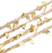 Jute Band Lint met Gouden Blaadjes 6mm (0,6cm) | Jute Touw | Naturel Burlap Ribbon | Beige Bruin | Goud Metallic | Kerstlint | Cadeaulint | Decoratielint | Rol: 5 Meter