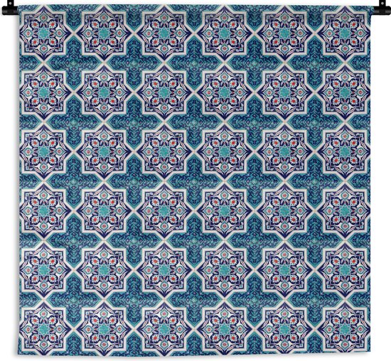 Wandkleed - Wanddoek - Een Marokkaanse Mozaïek tegelpatroon waar de kleur blauw vooral is gebruikt - 90x90 cm - Wandtapijt