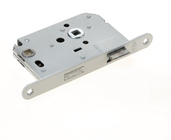 Zilverkleurig slot met opbouw mechanisme en deurdikte 50 mm.