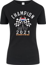 Dames T-shirt zwart Champion MV 2021 | race supporter fan shirt | Formule 1 fan kleding | Max Verstappen / Red Bull racing supporter | wereldkampioen / kampioen | racing souvenir | maat XL