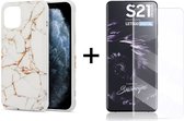 Samsung S21 Ultra Hoesje - Samsung Galaxy S21 Ultra Hoesje Marmer Wit Siliconen Case - 1x Samsung S21 Ultra Screenprotector UV