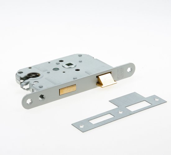 Zilverkleurig insteekslot met messing dagschoot en nachtschoot, met zilverkleurige sluitplaat ernaast. NEMEF ASSA ABLOY.