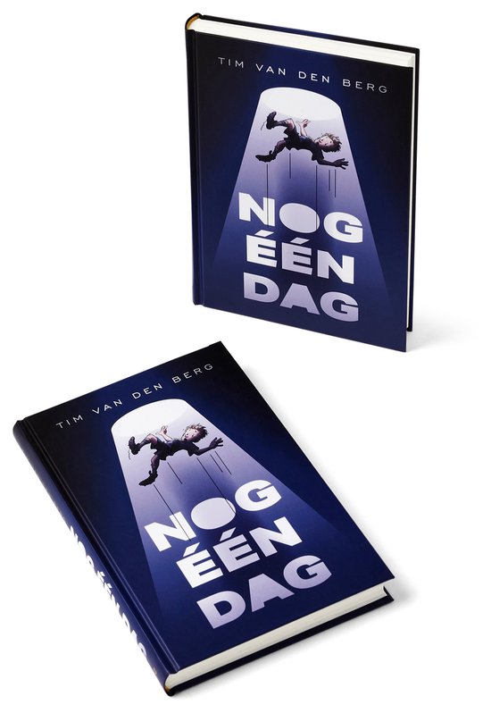 Boek met blauwe kaft. Een jongen in een voetbaltenue hangt in de lucht onder een lichtstraal. Titel "Nog één dag".