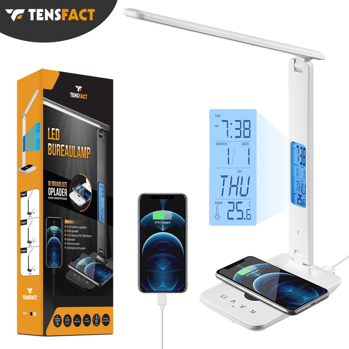 Tensfact® Bureaulamp Tafellamp Nachtlamp Leeslamp & LED Lamp - Led Verlichting - Wireless Charger - Qi Draadloze Oplader - Wit