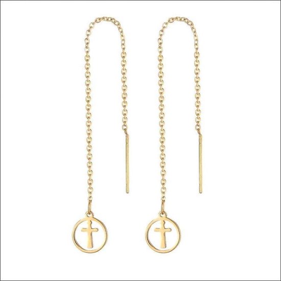 Aramat jewels ® - Doortrek oorbellen met kettinkje rond met kruisje goudkleurig staal 9cm