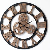 LW Collection Wandklok hout brons met tandwielen 60cm - grote industriële wandklok - Wandklok met wielen romeinse cijfers - Landelijke klok stil uurwerk