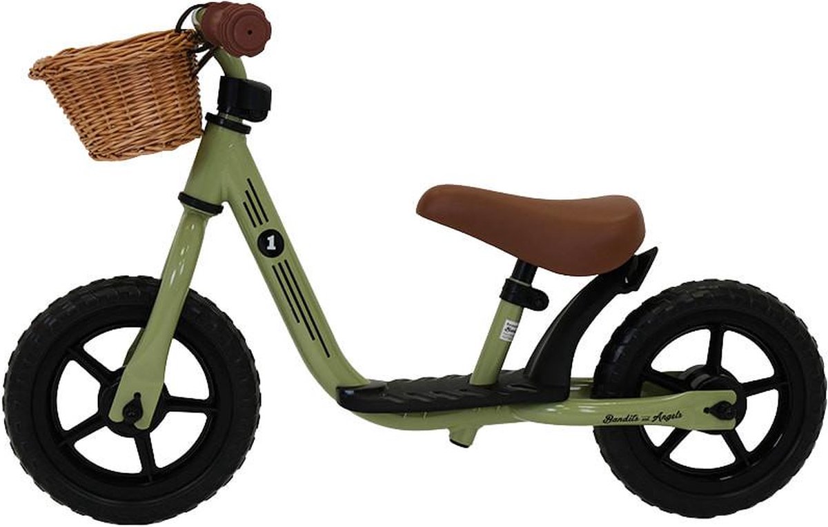 Bandits & Angels Metalen Loopfiets Met Mandje Starter Groen met Voetenplank vanaf 2 Jaar - Limited Edition - Vintage Groene Loop Fiets - Verstelbaar Zadel 29 tot 39 cm - Voor Jongens en Meisjes - Compact en Veilig - Lage Instap met Voetenplank — afbeelding 5