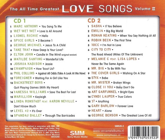 Achterkant van de "The All Time Greatest LOVE SONGS Volume II" CD-hoes met tracklijsten voor CD 1 en CD 2. Zwart-witte tekst op gele achtergrond.