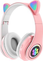 Kinder Hoofdtelefoon-Draadloze Koptelefoon-Kids-Over Ear-Bluetooth Microfoon-Katten Oorjtes-Led Verlichting-Roze