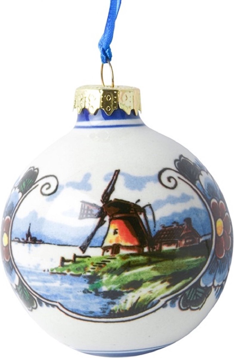 Heinen Delfts Blauw | Kerstbal Landschap met molen | 2 stuks | Kleur | Groot | Souvenir