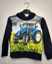 Zwarte jongens hoodie blauwe stoere tractor 134/140 lentetrui voorjaarstrui