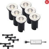 (Complete set) - 6 x LED grondspot Serpa IP67 - 10 watt - 24v - Warmwit licht - & - 5 x Kabelverbinder T waterdicht - 24 v - & - 1 x LED Hamulight transformator 100w - 24v | Tuinverlichting |