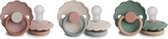 FRIGG - DAISY BLOOM - set van 3 - Fopspeen SILICONE - BISCUIT - Cotton Candy - Willow - 0-6 maanden - T1