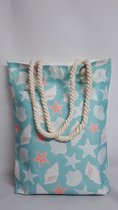 Strandtas met rits - Licht Blauw - Schelpen Print - Eenzijdig bedrukt - 44cm x 34 cm - Beach Bag - Vakantie - Strand - Gecoat - Cadeau Tip!!