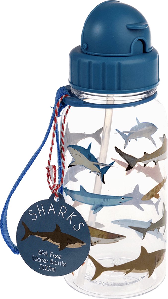 Rex London - Sharks - Drinkfles met Rietje - Drinkbeker - Schoolbeker - 500ml - Blauw