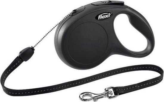 Zwarte Flexi rolriem met een zwart koord en een metalen karabijnhaak.