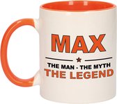 Max the man, the myth, the legend vlag beker / mok wit en oranje - Coureur supporter / race/ Max fan artikelen