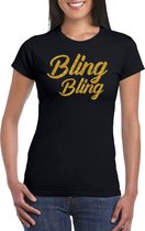 Bling bling t-shirt zwart met gouden glitter tekst dames - Glitter en Glamour goud party kleding shirt L