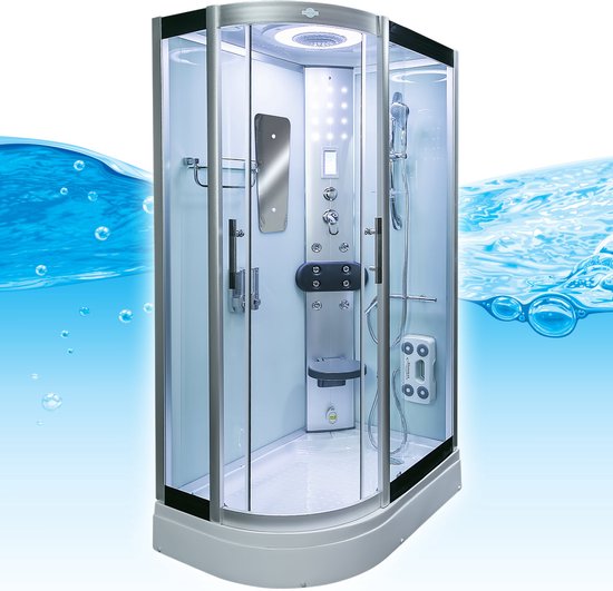 Stoomcabine 120X80X215 Palma. Luxe Stoomdouche, MENGKRAAN, LINKS, Kit-Vrij, Wit, Veiligheidsglas, LED, Radio, Speakers, Zitje, Massage, Hoekmodel, Kwartrond, Schuifdeuren, Douchebak, Afvoer, Sifon, A Kwaliteit, Full Options. Royal Sanitair