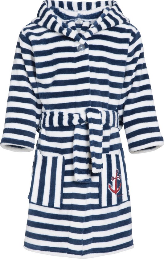 Playshoes - Fleece badjas voor kinderen - Gestreept - Marineblauw/Wit - maat 158-164cm (13-14 jaar)