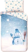 2-persoons dekbedovertrek (dekbed hoes) blauw – wit met vrolijke sneeuwpop (met muts, sjaal, wanten en bezem) tussen dwarrelende sneeuwvlokken / sterren FLANEL 200 x 220 cm (warm e