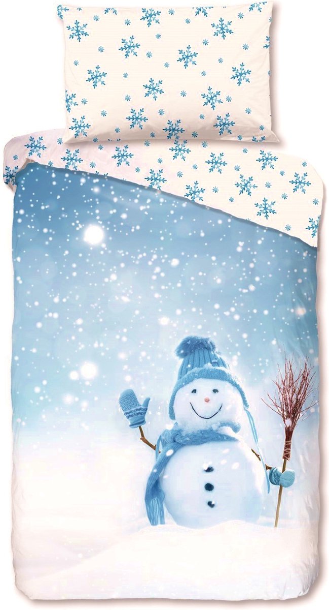 2-persoons dekbedovertrek (dekbed hoes) blauw – wit met vrolijke sneeuwpop (met muts, sjaal, wanten en bezem) tussen dwarrelende sneeuwvlokken / sterren FLANEL 200 x 220 cm (warm en zacht voor de winter / kerstmis)