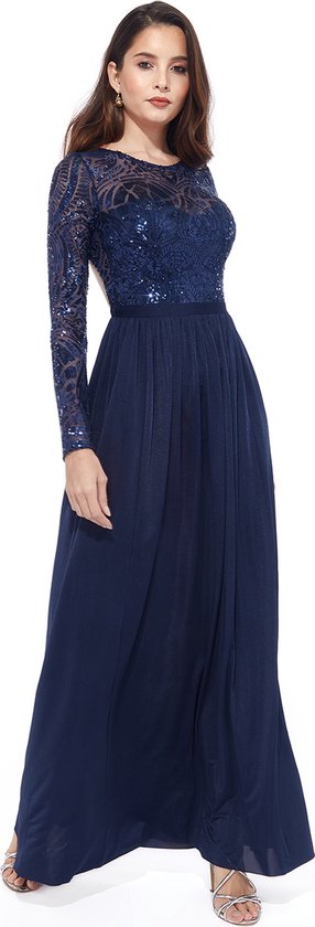 Prachtige jurk met bewerkt lijfje en open rug Maat 42 Donkerblauw bol