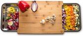 naturlik snijplank van hoogwaardig bamboe | 2 uittrekbare roestvrijstalen lekbakjes | Praktische keukenhulp: restjes links - snijden rechts | Houten snijplank