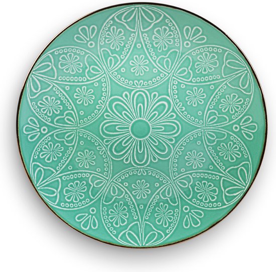 Turquoise bord met wit bloemenpatroon en gouden rand