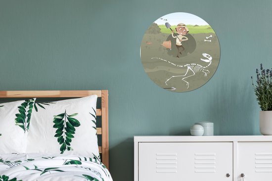 Illustration d'un archéologue en train de fouiller un mur de dinosaure autocollant papier peint cercle 80x80 cm / cercle papier peint / cercle mural / cercle vivant - auto-adhésif et découpe ronde