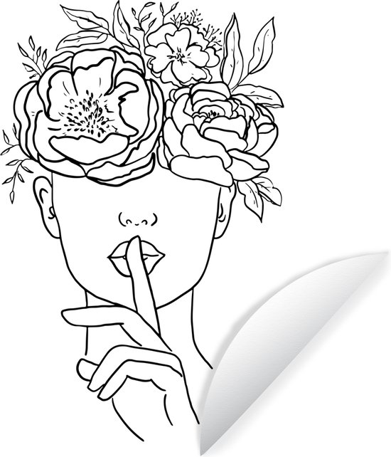 WallCircle - Muurstickers - Behangcirkel - Abstracte line art van een vrouw met bloemen in het haar en een vinger voor haar lippen vierkant - 50x50 cm - Muurcirkel - Zelfklevend - Ronde Behangsticker