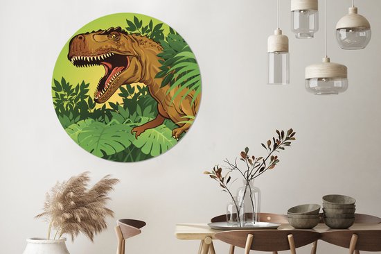 WallCircle - Muurstickers - Behangcirkel - Dinosaurus - Planten - Bruin - Illustratie - Kinderen - Jongens - Baby - Jongen - ⌀ 120 cm - Muurcirkel - Zelfklevend - Ronde Behangsticker XXL