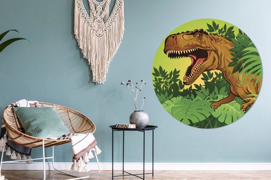 WallCircle - Muurstickers - Behangcirkel - Dinosaurus - Planten - Bruin - Illustratie - Kinderen - Jongens - Baby - Jongen - ⌀ 120 cm - Muurcirkel - Zelfklevend - Ronde Behangsticker XXL