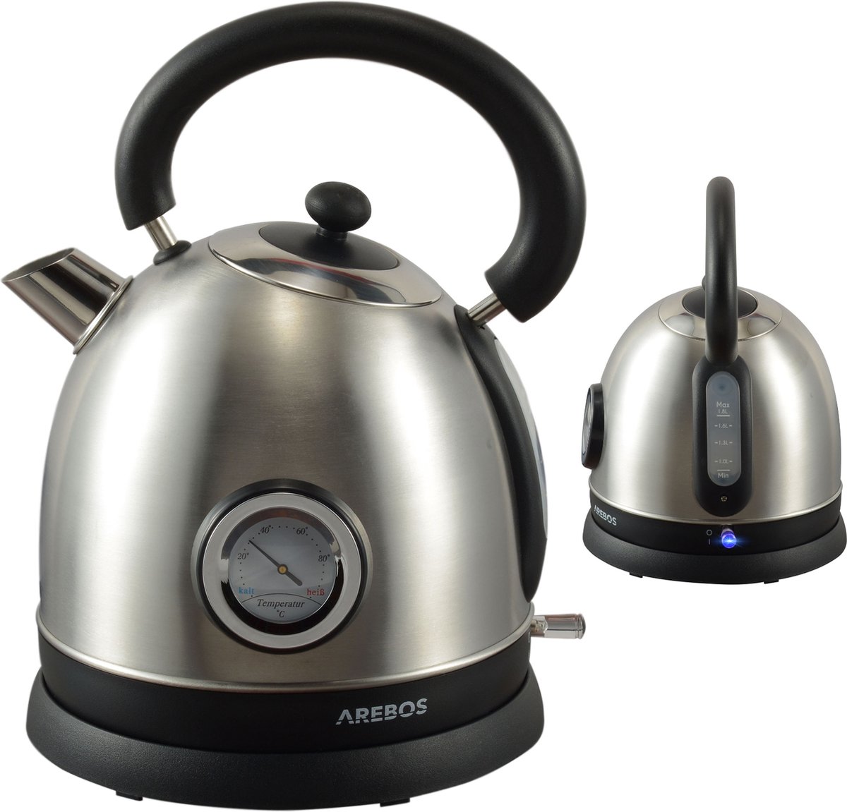 AREBOS Waterkoker Retro - Waterkoker met Temperatuurregeling - LED indicatielampje - 1,8 L - Zilver