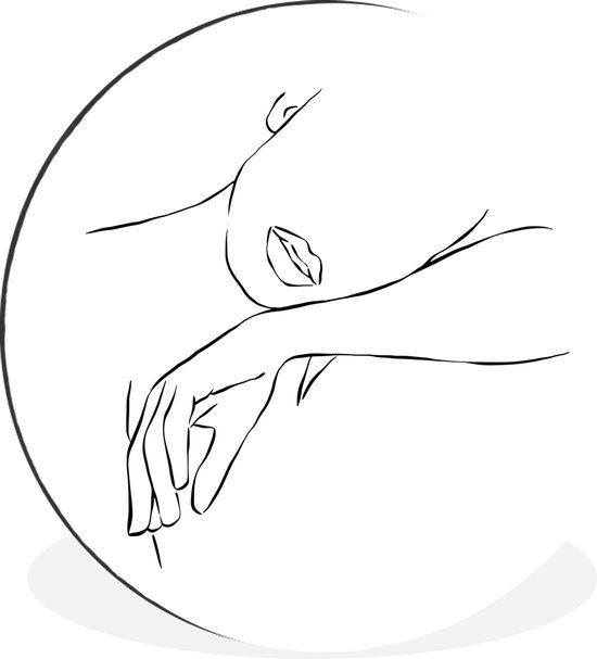 WallCircle - Wandcirkel - Muurcirkel - Abstracte line art van een vrouw die op haar arm rust vierkant - Aluminium - Dibond - ⌀ 60 cm - Binnen en Buiten