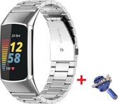 Luxe Metalen Armband Bandje Geschikt Voor Fitbit Charge 5 Activity Tracker - Schakel Polsband Strap RVS - Watchband Met Horlogeband Inkortset - Stainless Steel Horloge Band - Schakelbandje - 