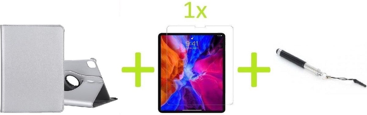 Geschikt Voor: iPad Air 4 10.9 (2020) Multi Stand Case - 360 Draaibaar Tablet hoesje - Tablethoes Zilver + 1x Screenprotector + Stylus